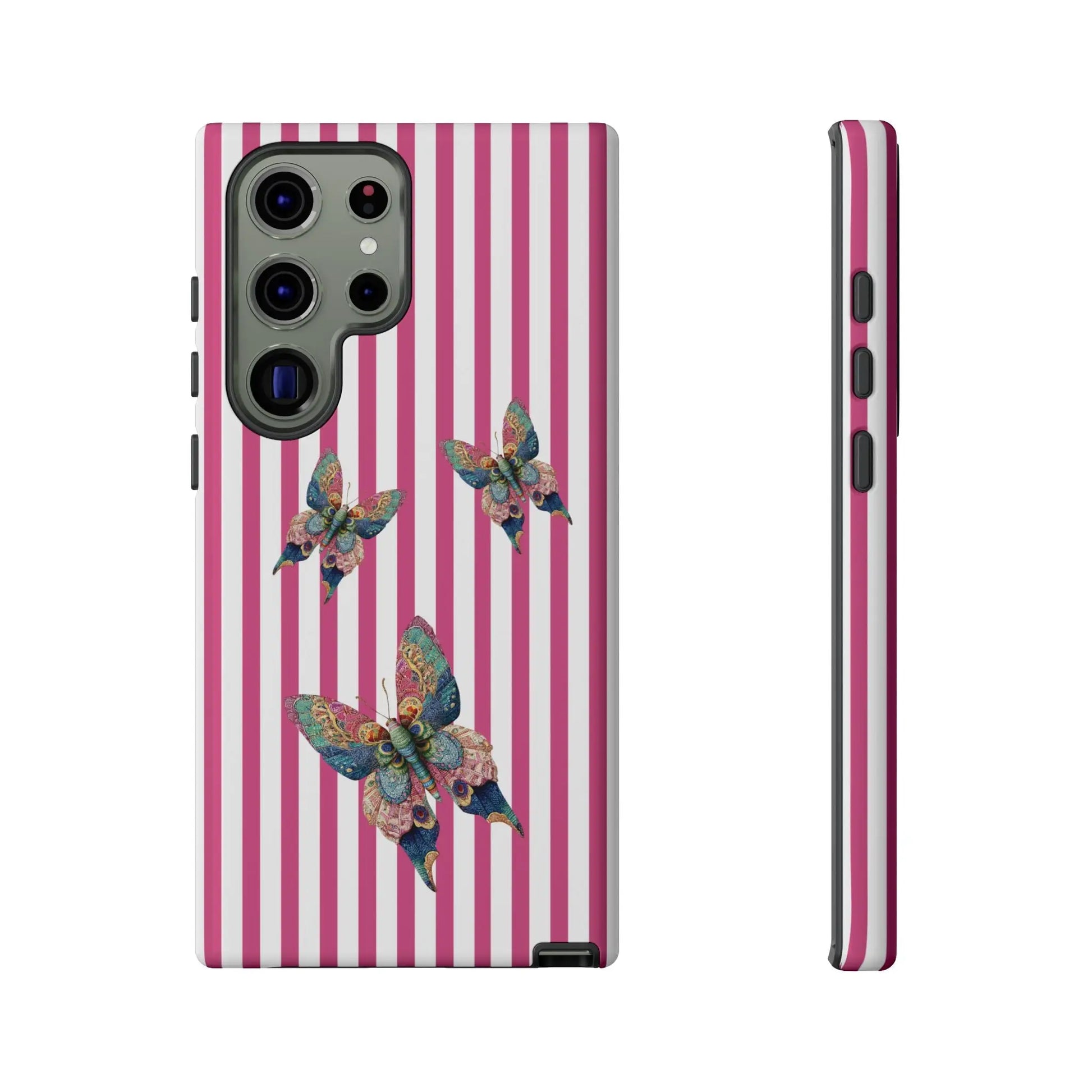 Back of a floral butterfly pink stripe phone case with vibrant pink and white stripes and multicolored butterfly design