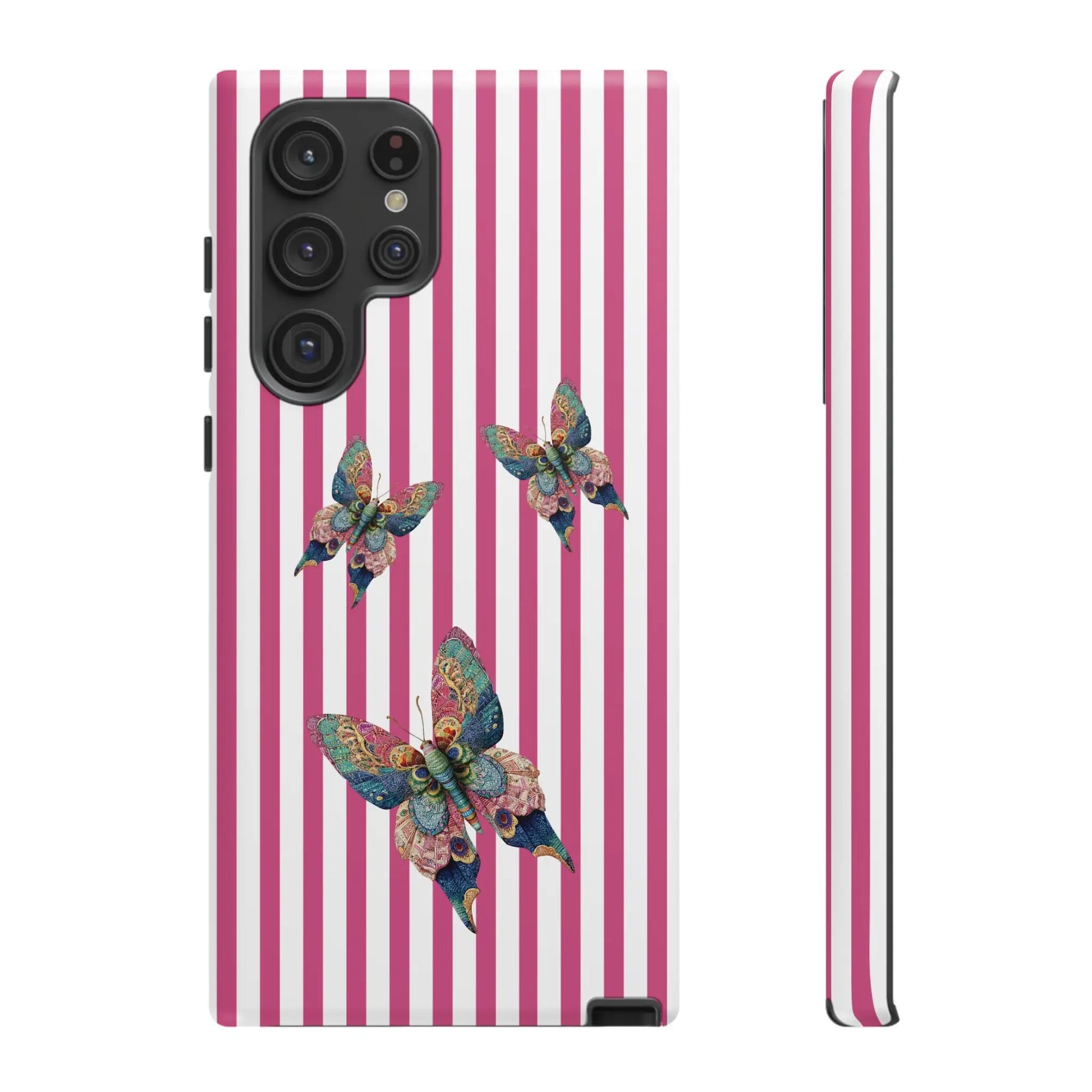 Vibrant floral butterfly pink stripe phone case with multicolored butterfly design on the back for cute protection