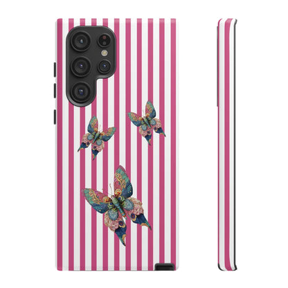 Vibrant floral butterfly pink stripe phone case with multicolored butterfly design on the back for cute protection