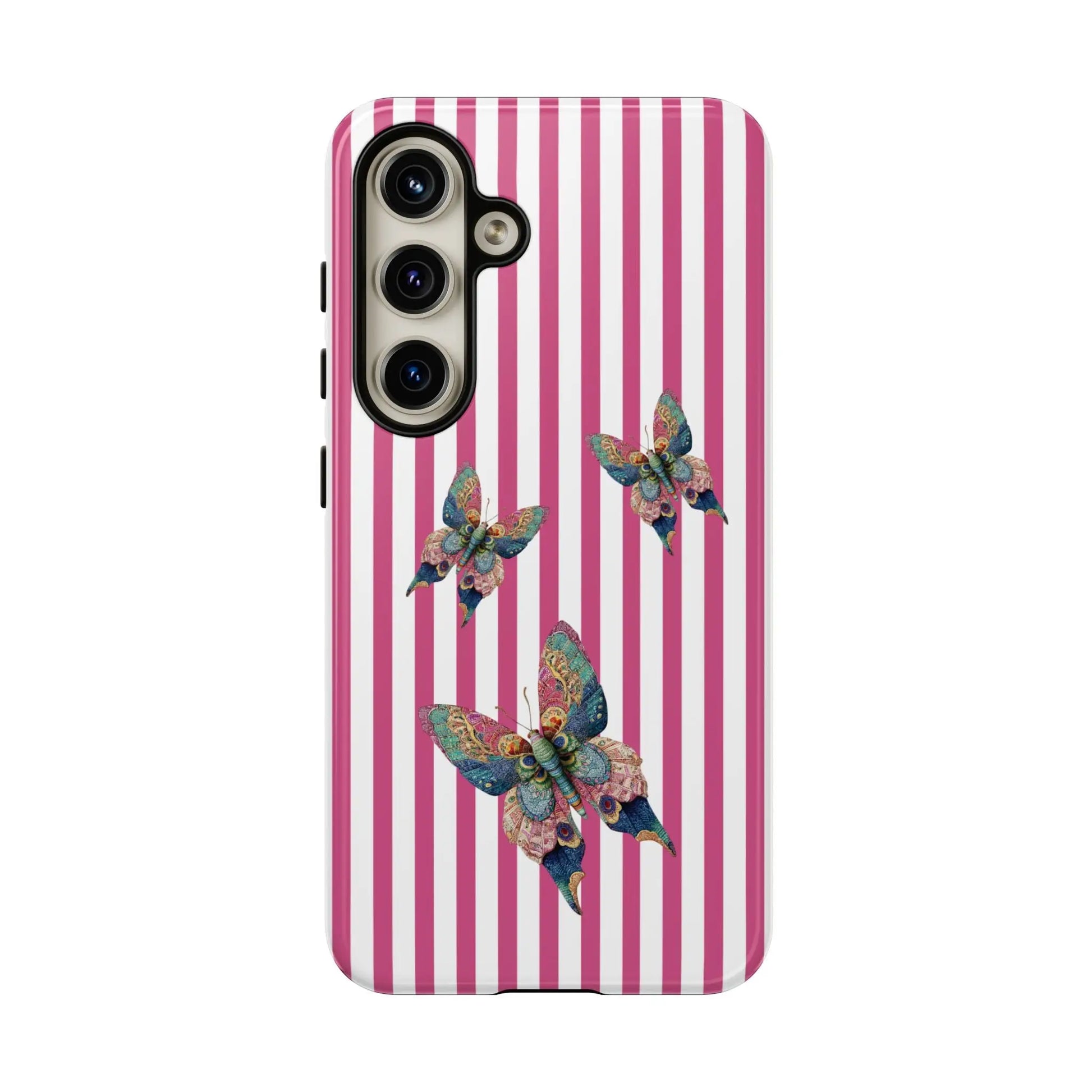 Back side of a floral butterfly pink stripe phone case with vibrant pink and white stripes and multicolored butterflies