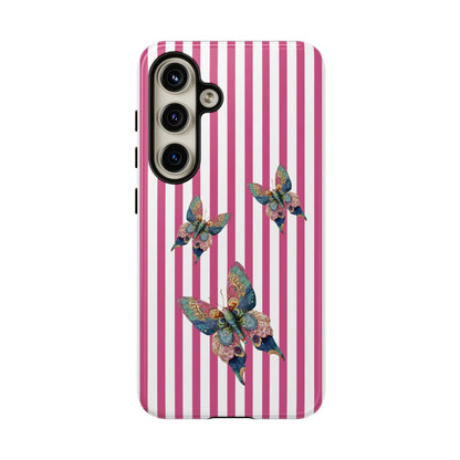Back side of a floral butterfly pink stripe phone case with vibrant pink and white stripes and multicolored butterflies