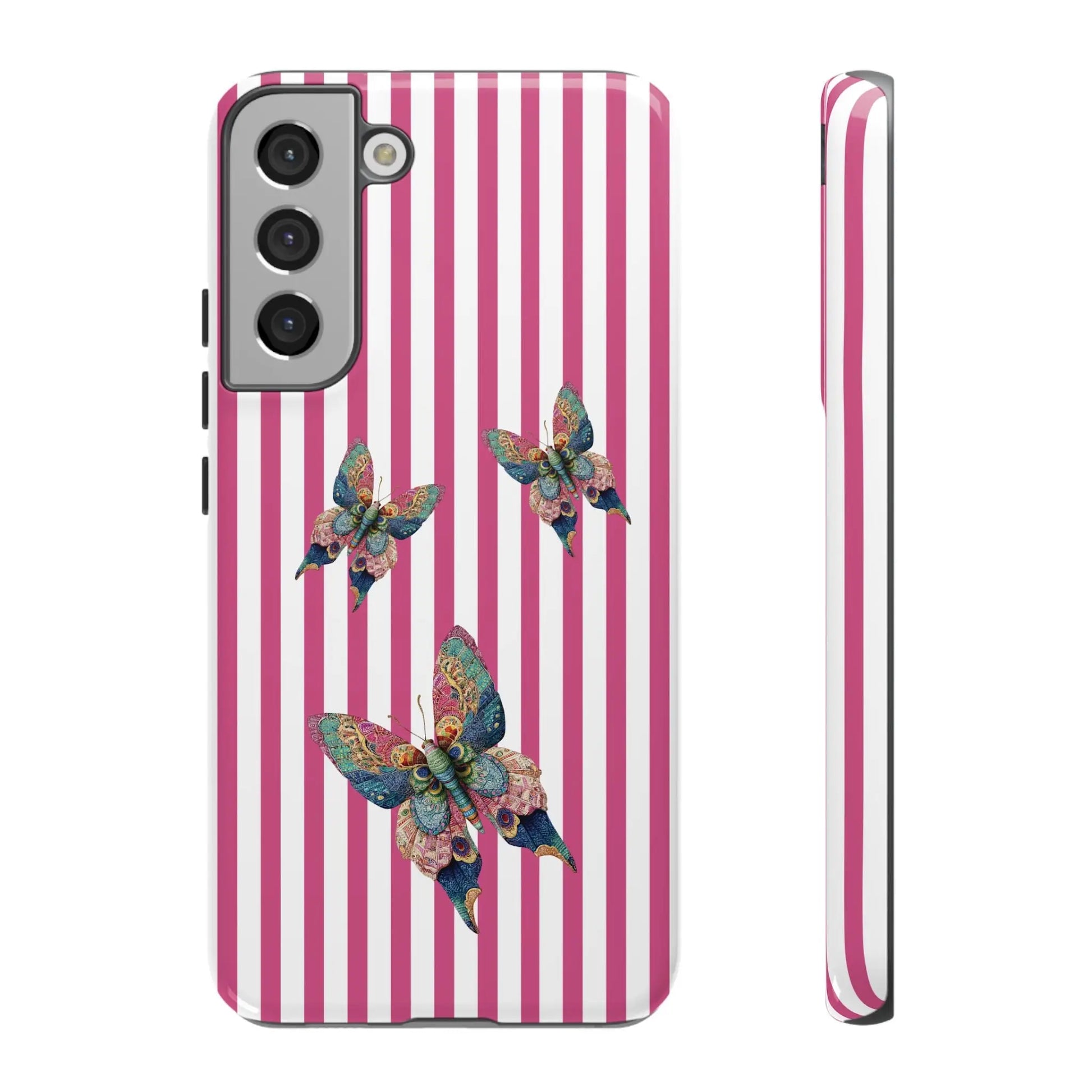 Back side of a floral butterfly pink stripe phone case with pink and white stripes and three colorful butterfly designs