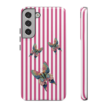 Back side of a floral butterfly pink stripe phone case with pink and white stripes and three colorful butterfly designs