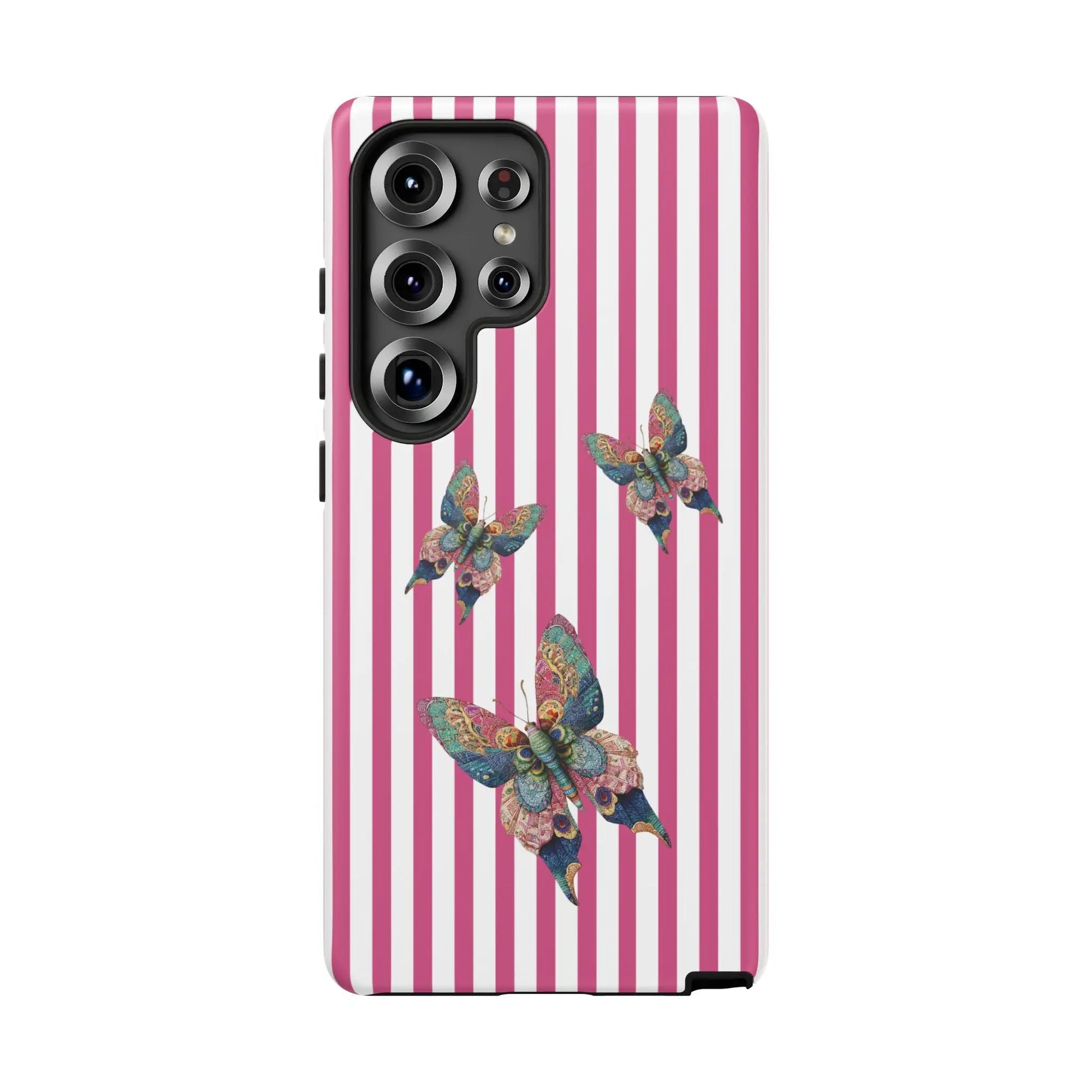 Back of a floral butterfly pink stripe phone case with vertical pink and white stripes and detailed blue green and gold butterflies