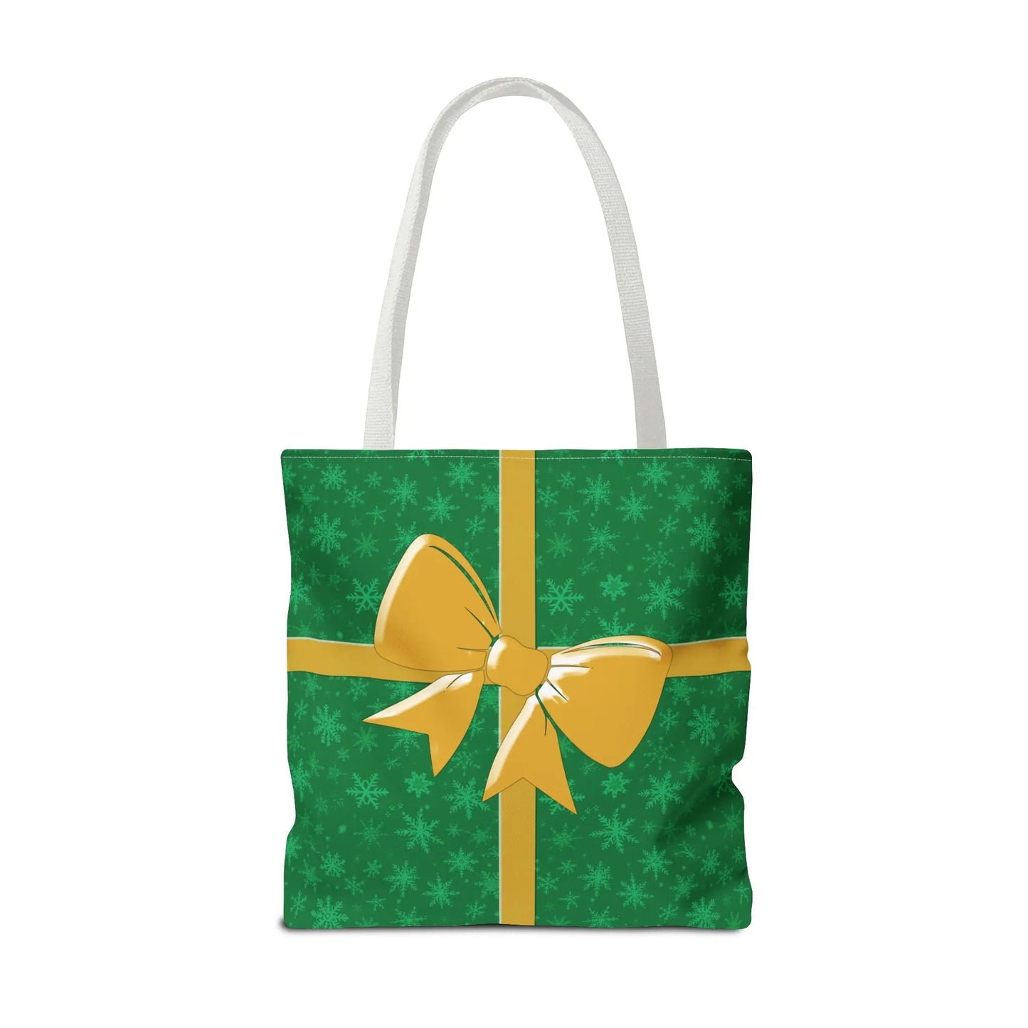 Green christmas tote bag with white handles and yellow bow design eco-friendly reusable festive holiday shopping carryall