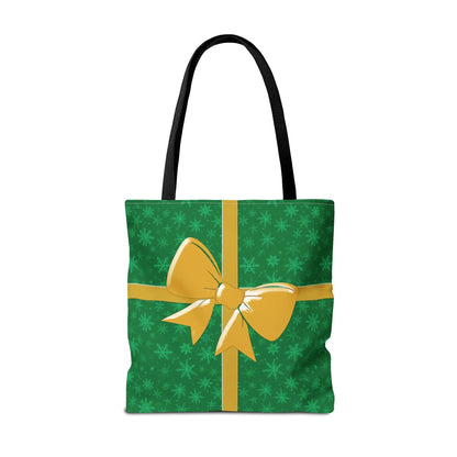 Green christmas tote bag with black handles and a gold bow design perfect for festive holiday shopping carryall