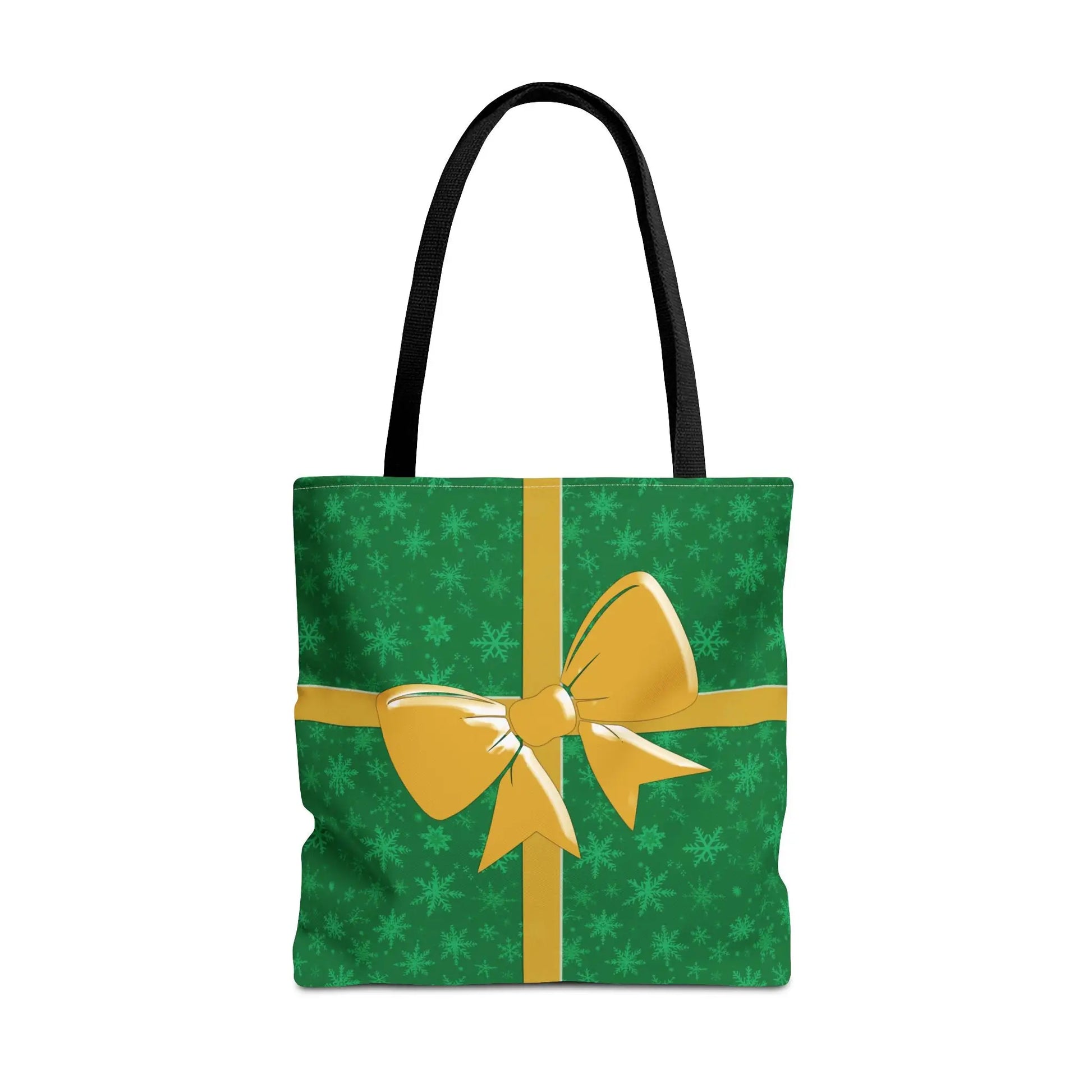 Green christmas tote bag with black handles and gold bow design eco-friendly festive holiday shopping carryall