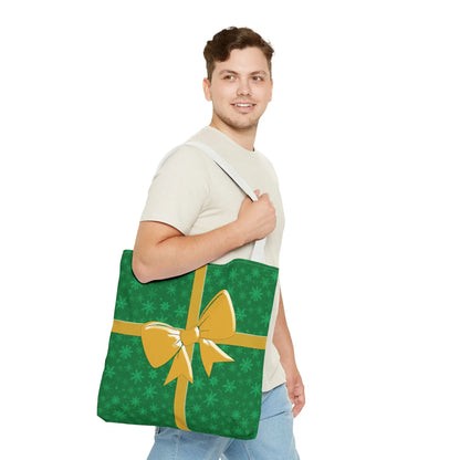 Green christmas tote bag with yellow ribbon and bow design eco-friendly festive holiday shopping carryall