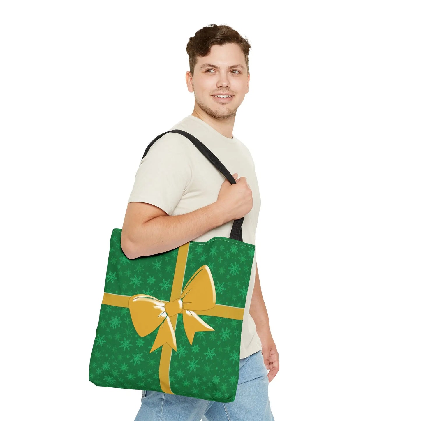 Green christmas tote bag with yellow ribbon and bow design eco-friendly reusable festive holiday shopping carryall