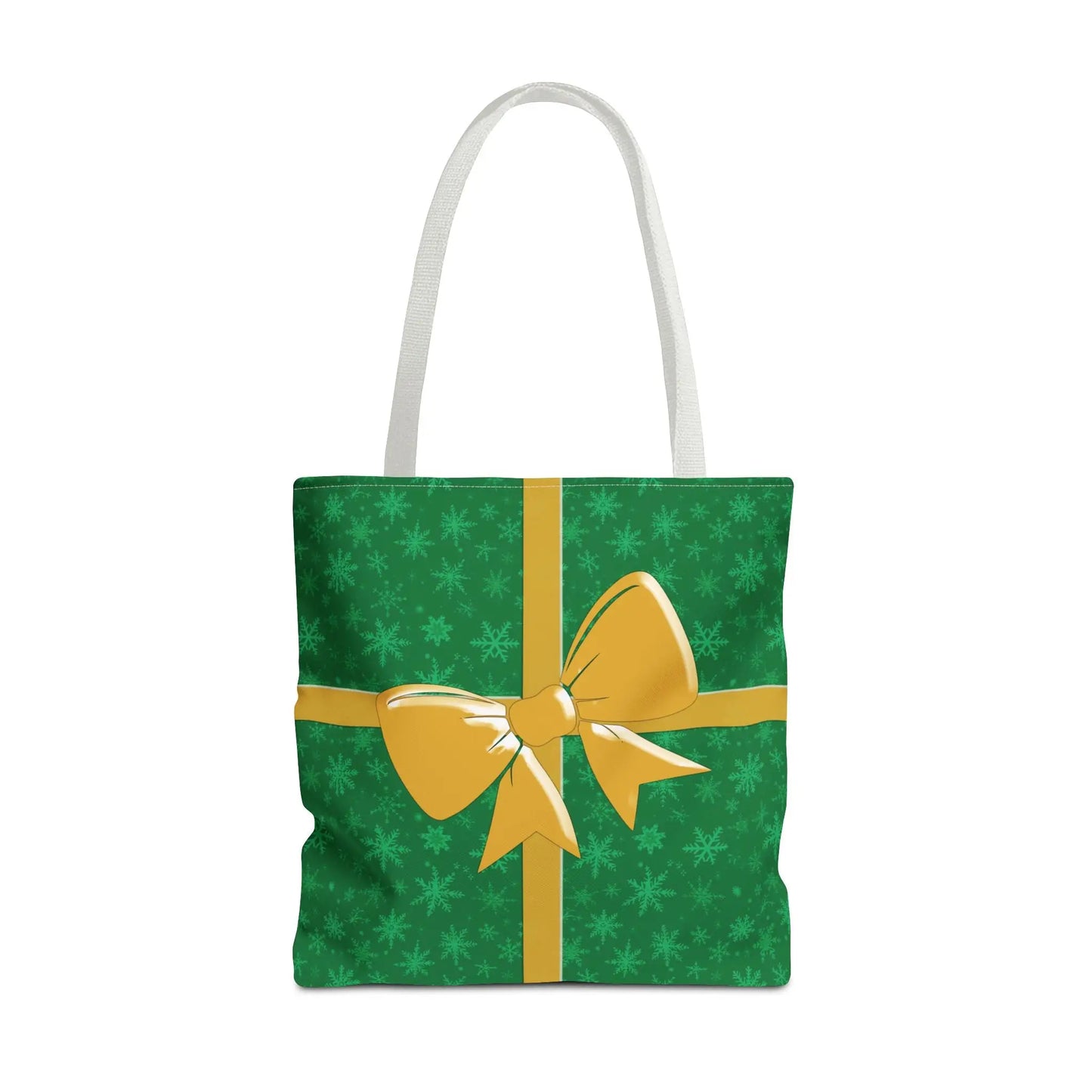 Green christmas tote bag with white handles and gold ribbon bow design for festive holiday shopping carryall