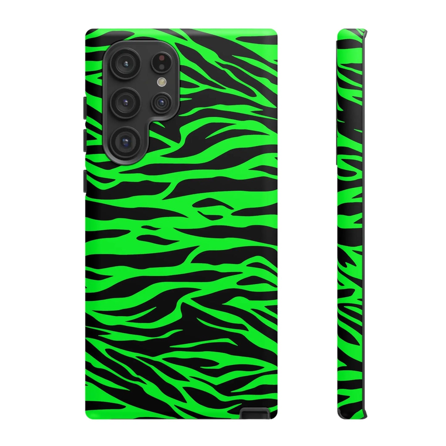 Back side of a sleek glossy green wild print tiger pattern phone case with vibrant neon green and black zebra stripes