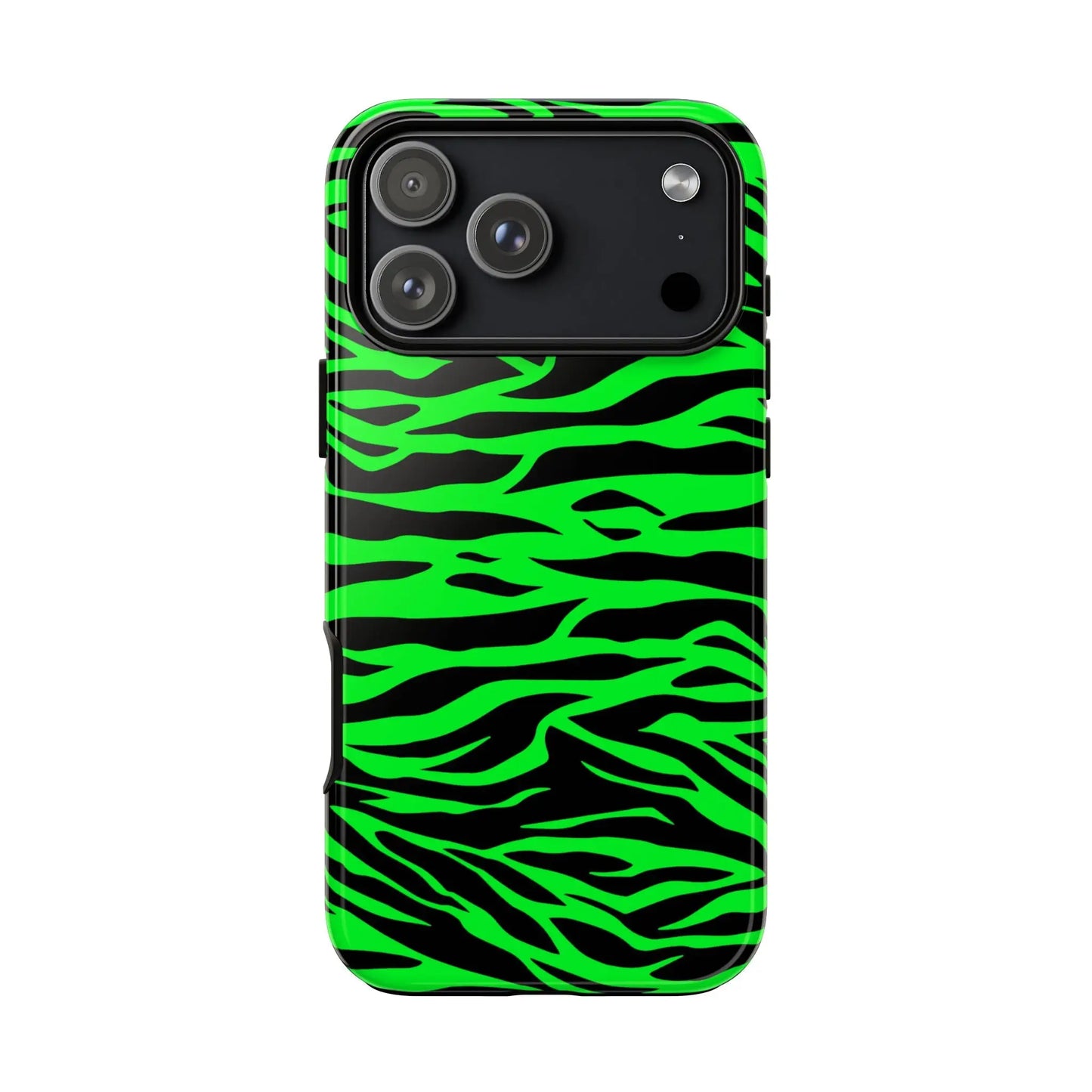 Back side of a vibrant neon green wild print tiger pattern phone case with black zebra stripes for iphone and galaxy s phones