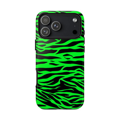 Back side of a vibrant neon green wild print tiger pattern phone case with black zebra stripes for iphone and galaxy s phones