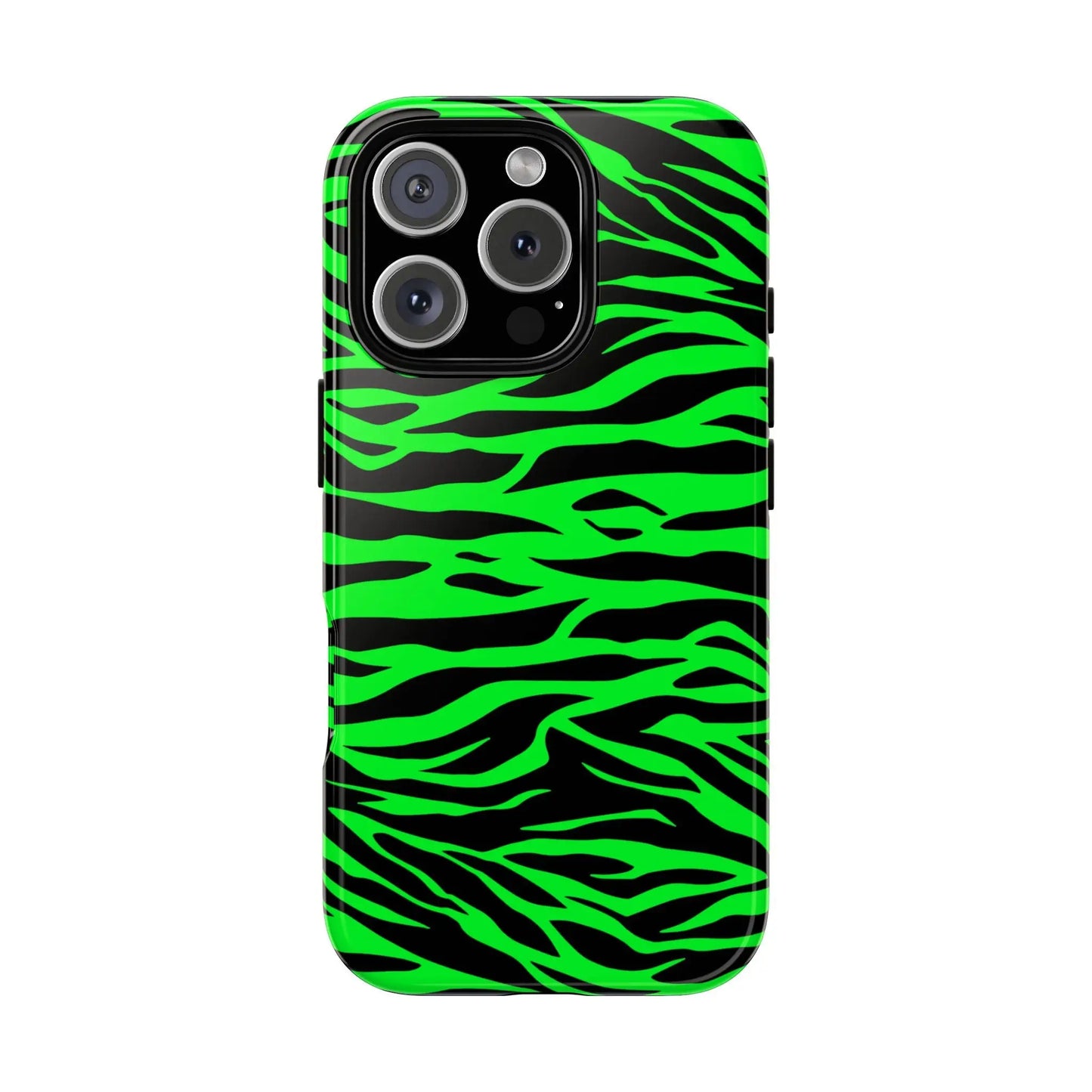 Back of a vibrant neon green wild print tiger pattern phone case with zebra stripes for iphone galaxy s and pixel phones