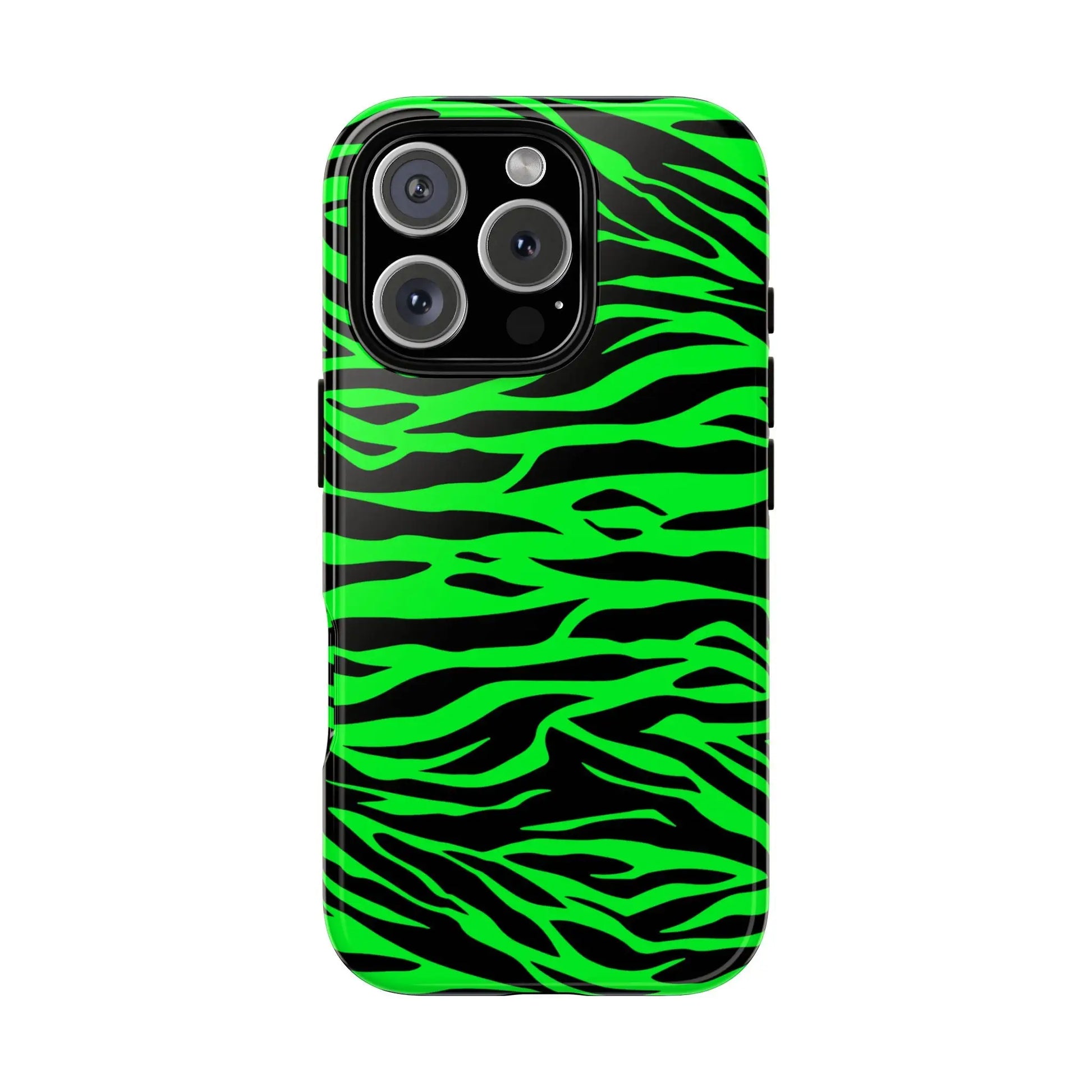 Back of a vibrant neon green wild print tiger pattern phone case with zebra stripes for iphone galaxy s and pixel phones