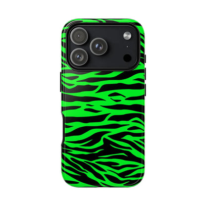 Back side of a vibrant neon green wild print tiger pattern phone case for iphone galaxy s and pixel phones