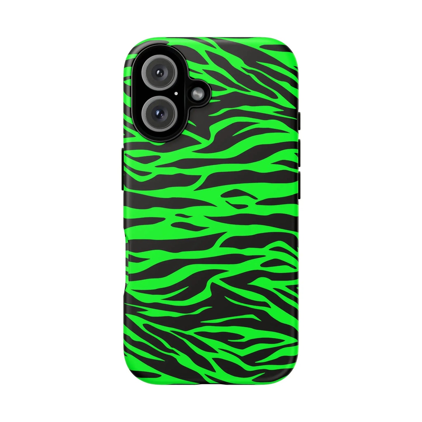 Back side of a vibrant neon green and black phone case featuring a green wild print tiger pattern for iphone and galaxy phones