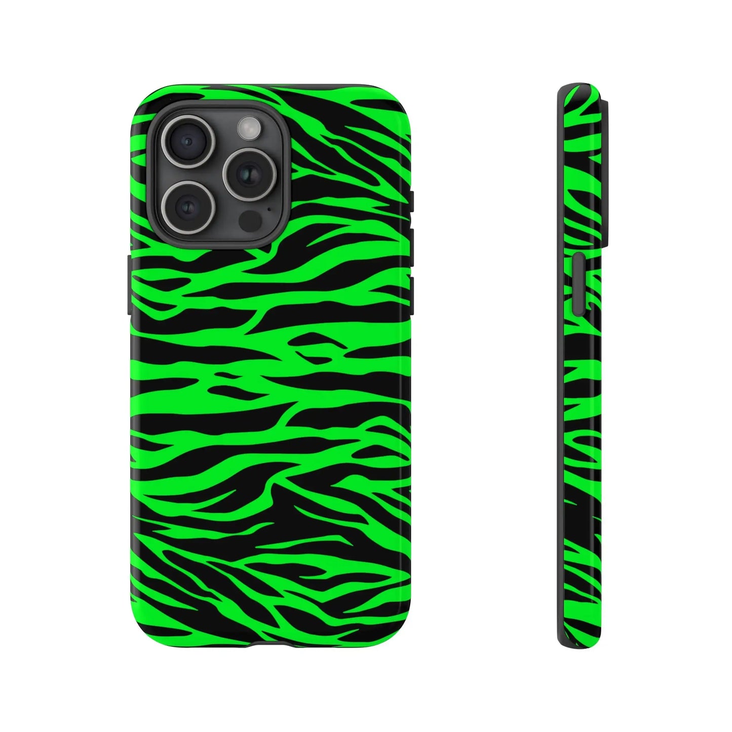 Back side of green wild print tiger pattern phone case with neon green and black zebra stripes for iphone galaxy s and pixel phones