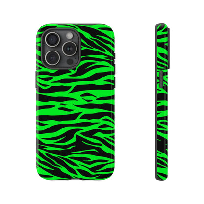 Back side of green wild print tiger pattern phone case with neon green and black zebra stripes for iphone galaxy s and pixel phones
