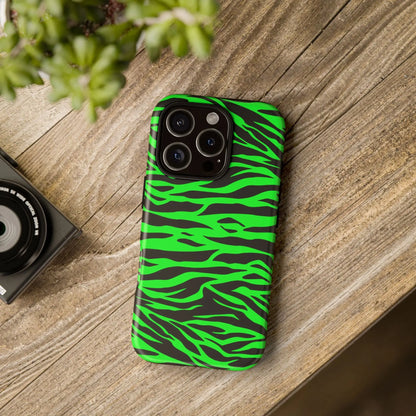 Back side of vibrant neon green and black phone case with wild print tiger pattern for iphone galaxy s and pixel phones