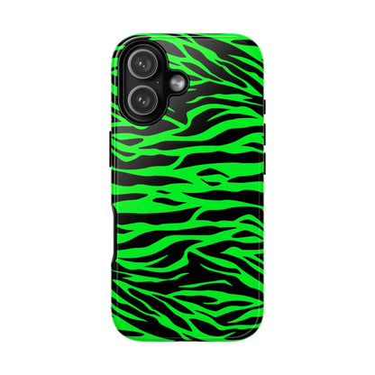 Back side of a green wild print tiger pattern phone case with vibrant neon green and black zebra stripes for iPhone Galaxy S and Pixel phones