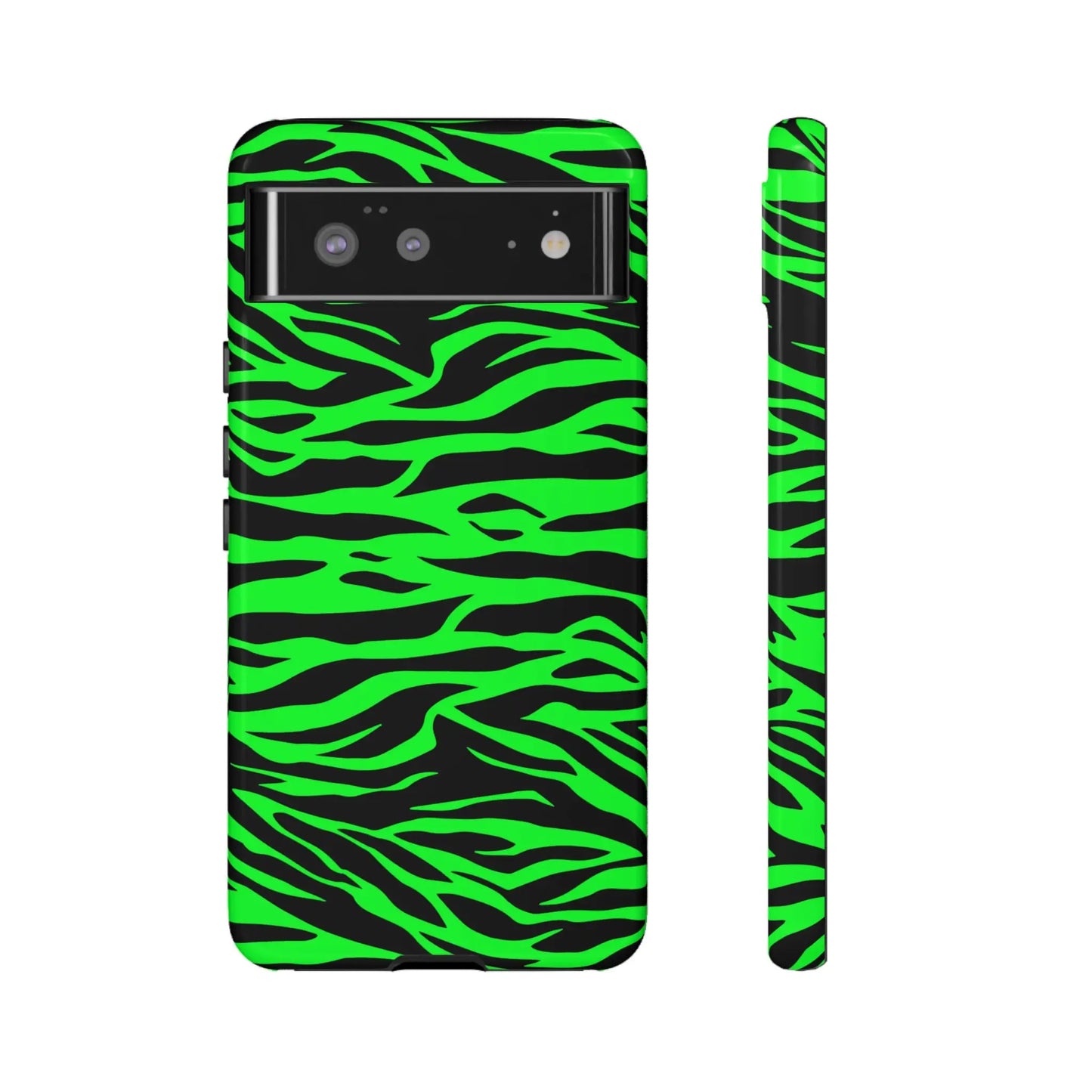 Back side of a vibrant neon green wild print tiger pattern phone case for google pixel 6a with zebra stripes