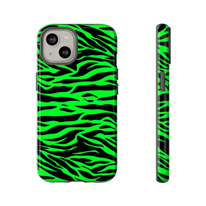 Back side of a vibrant neon green wild print tiger pattern phone case with black zebra stripes for iphone galaxy s and pixel phones