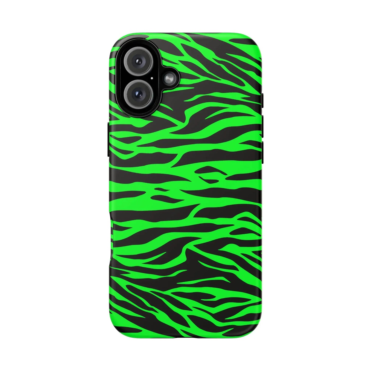 Back side of vibrant neon green and black phone case with green wild print tiger pattern for iPhone Galaxy and Pixel phones