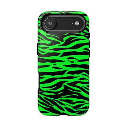 Green wild print tiger pattern phone case for iPhone Galaxy and Pixel with vibrant neon green and black zebra stripes back view