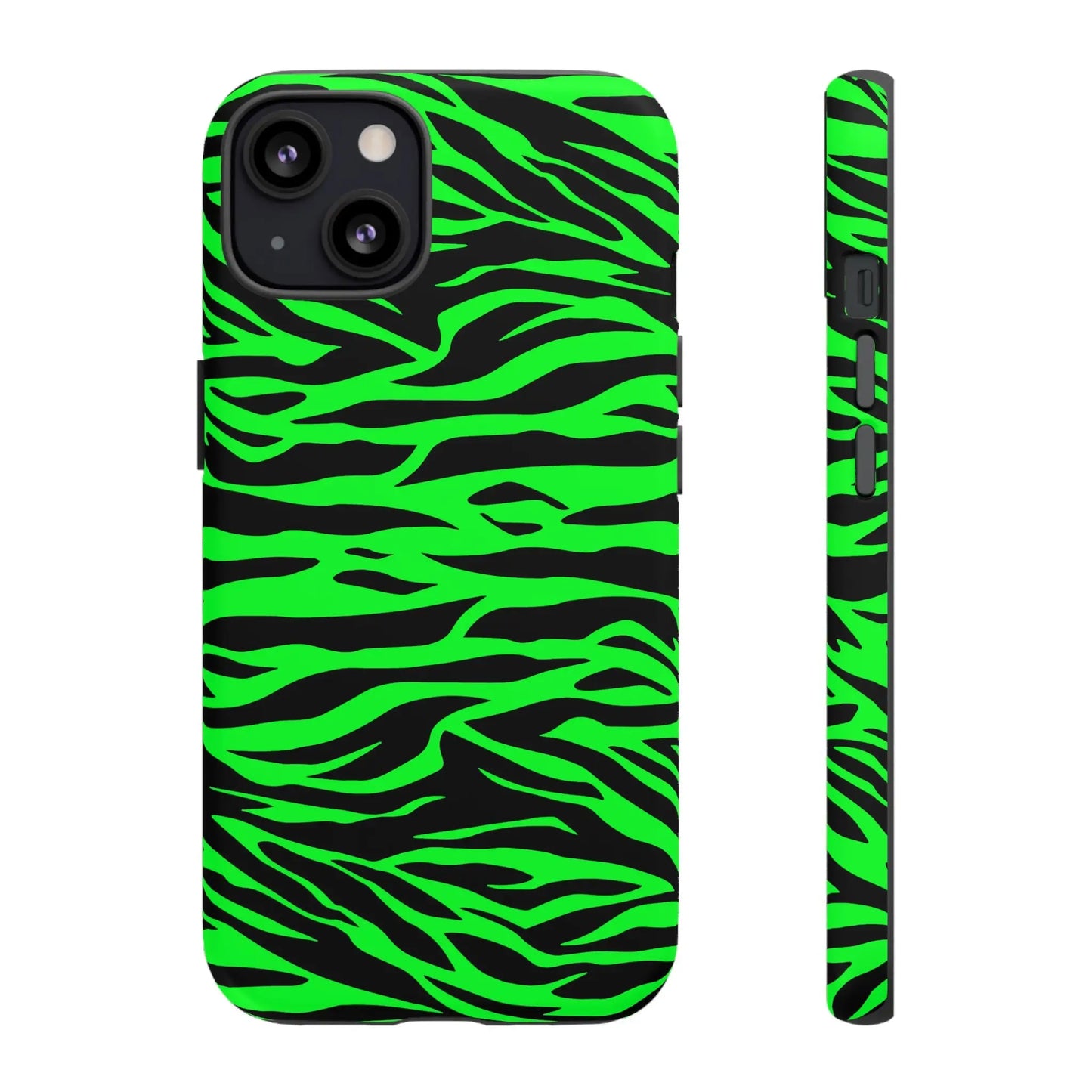 Back side of a vibrant neon green wild print tiger pattern phone case with black zebra stripes for iphone galaxy and pixel phones