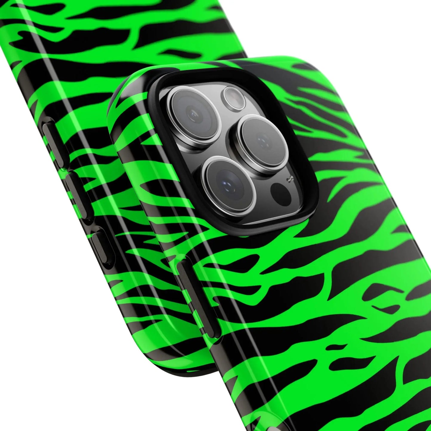 Vibrant neon green wild print tiger pattern phone case with glossy finish shown from the back for iPhone Galaxy and Pixel phones