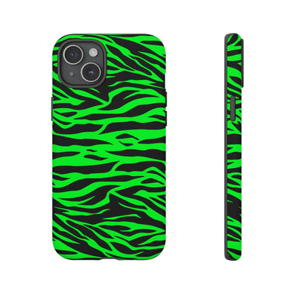 Back view of a vibrant neon green and black wild print tiger pattern phone case for iphone galaxy s and pixel phones