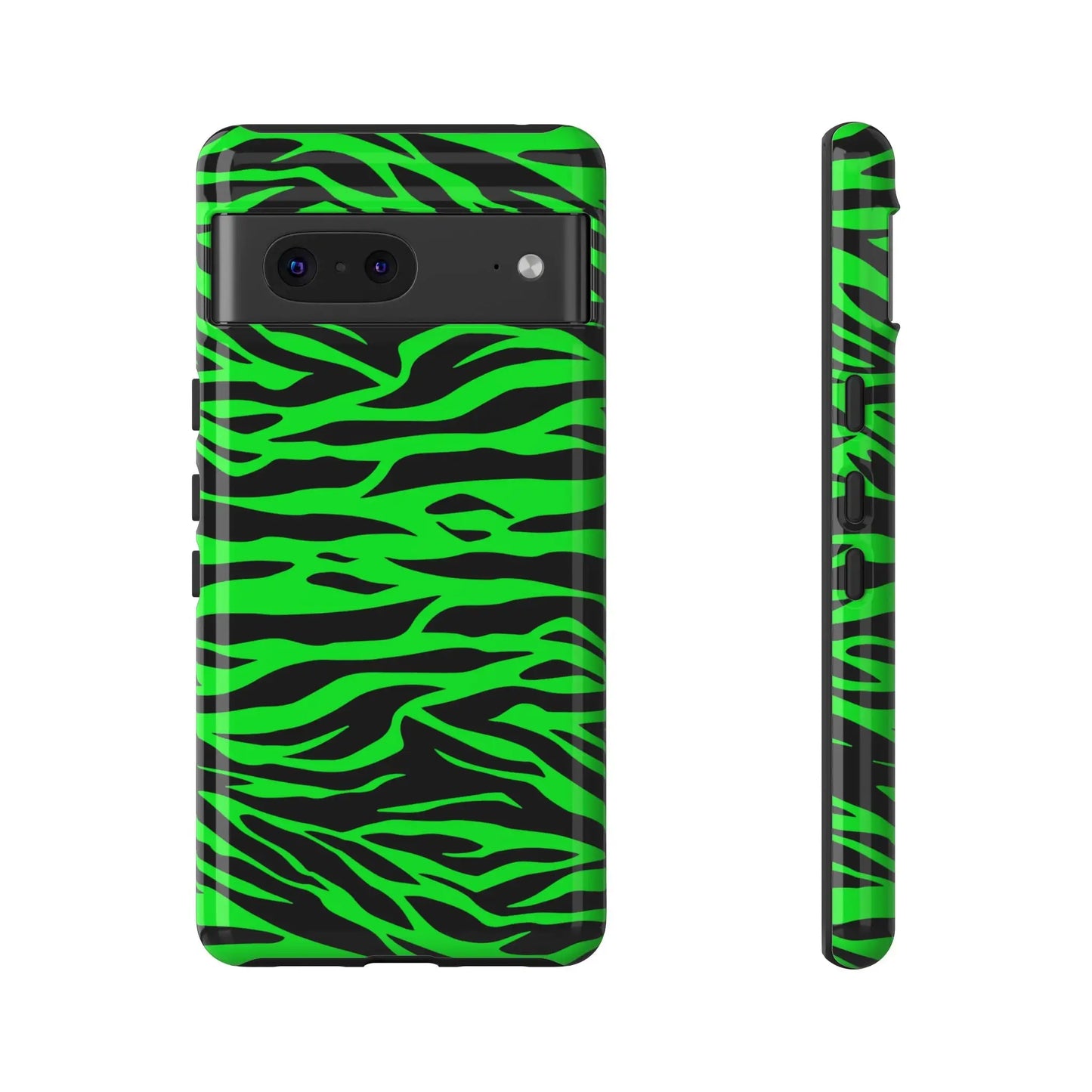 Back of a vibrant neon green wild print tiger pattern phone case for iphone galaxy s and pixel phones