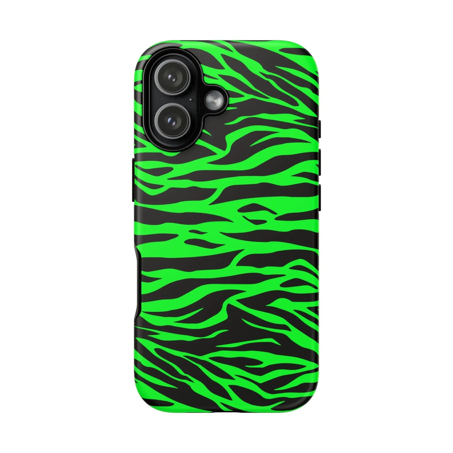 Vibrant neon green and black zebra-striped phone case showing back side with green wild print tiger pattern design