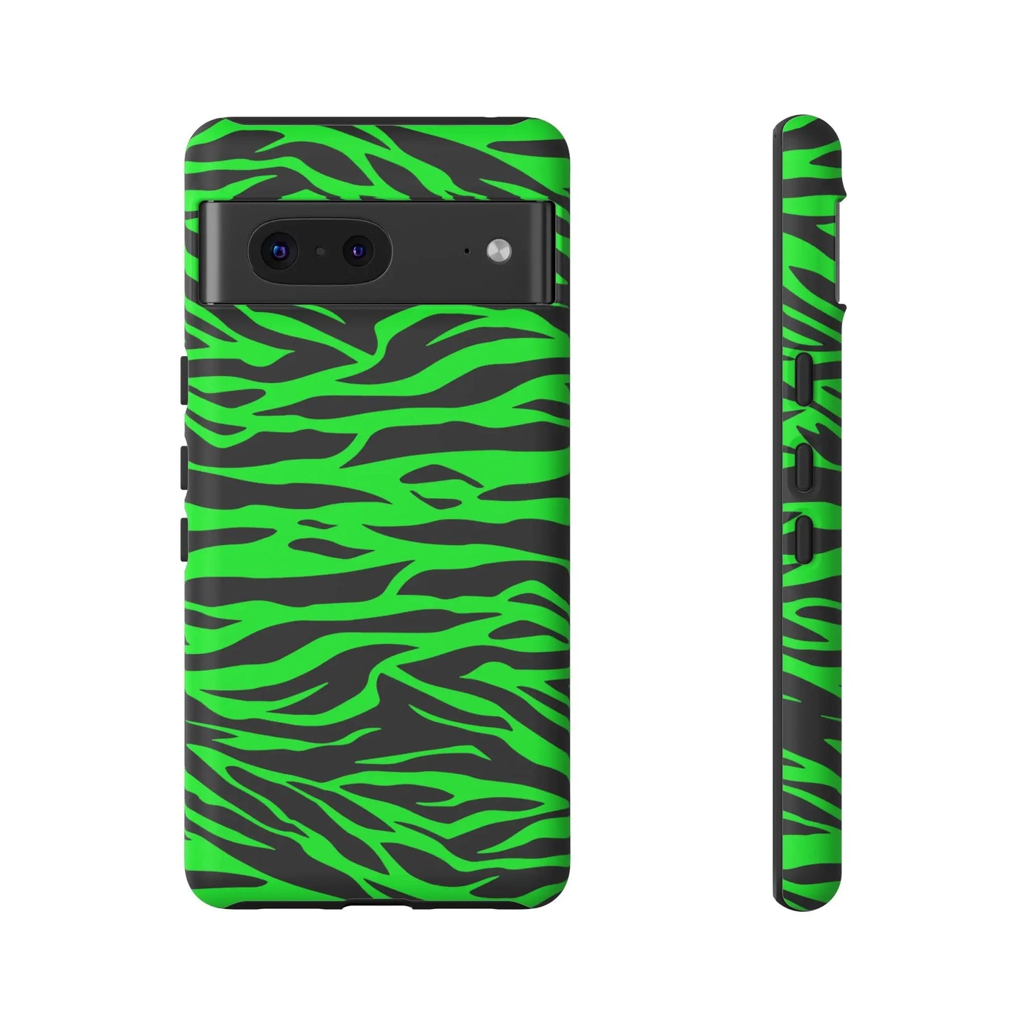 Back side of vibrant neon green and black phone case with wild print tiger pattern for iphone galaxy s and pixel phones