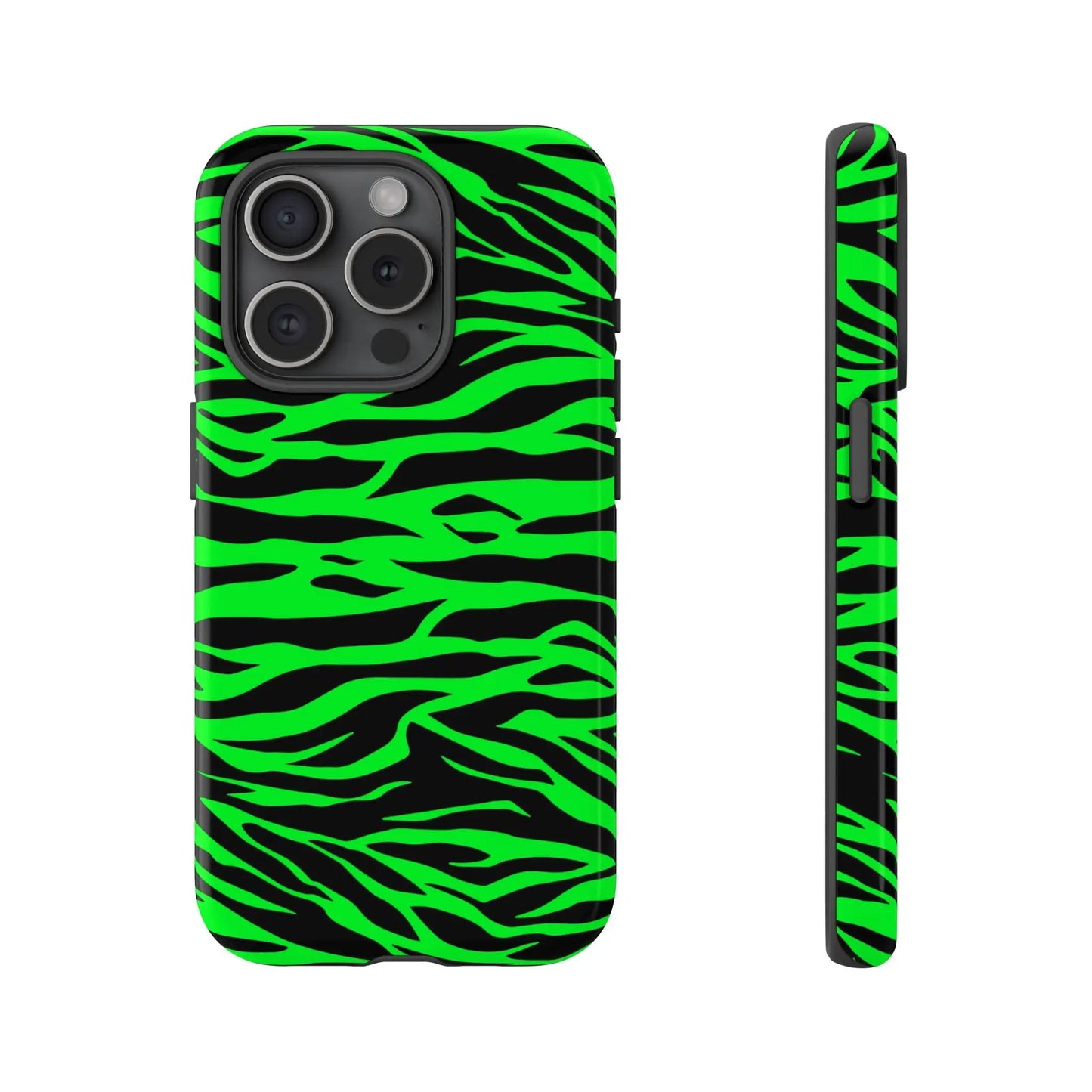 Back side of vibrant neon green and black protective phone case with green wild print tiger pattern design