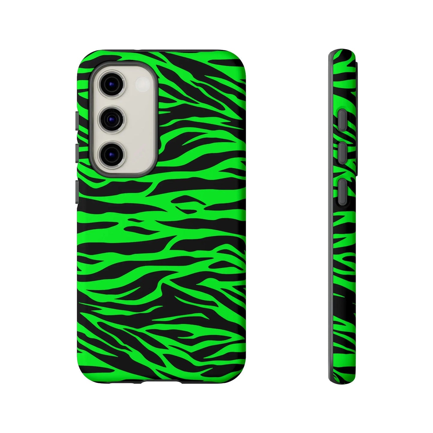 Back side of a sleek green wild print tiger pattern phone case with vibrant neon green and black zebra stripes for iphone galaxy s and pixel phones