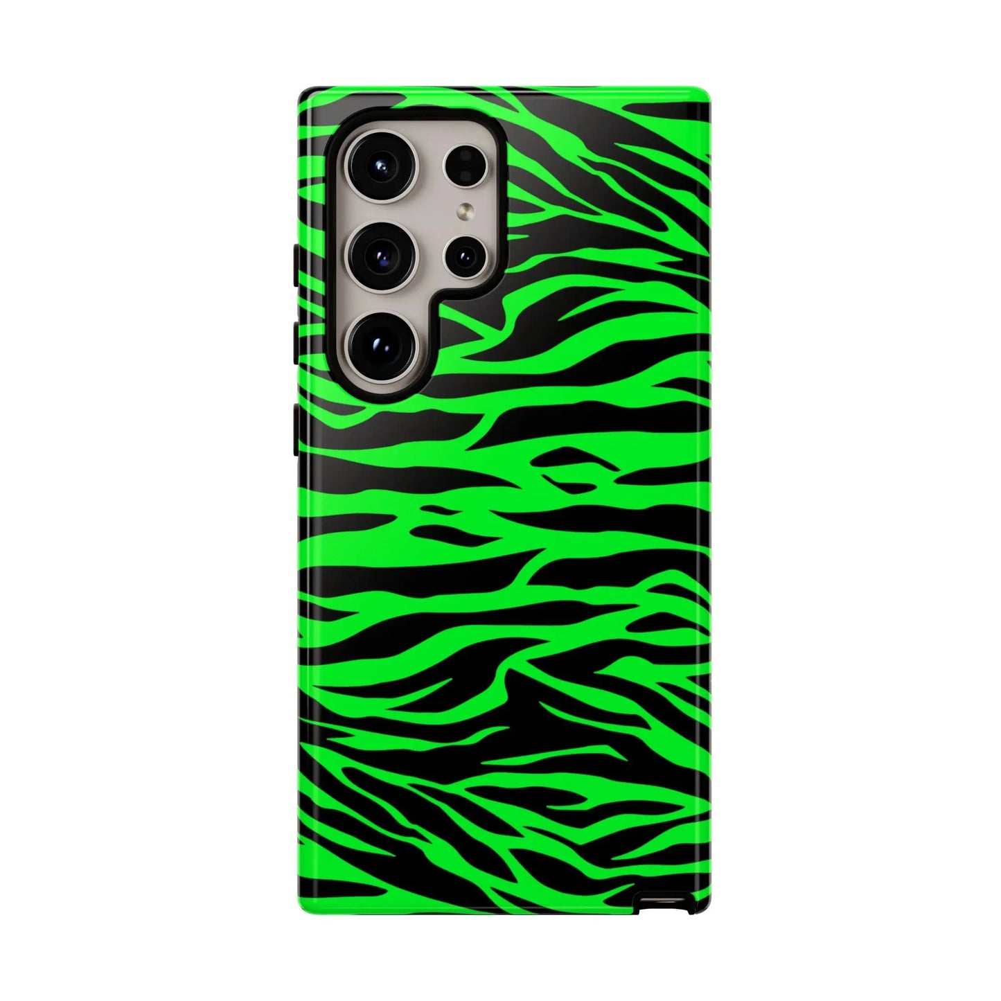 Back side of vibrant neon green and black wild print tiger pattern phone case for samsung galaxy s21 ultra
