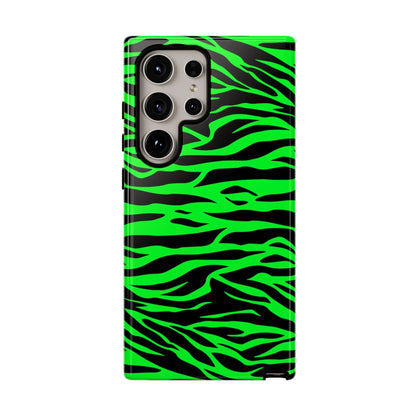 Back side of vibrant neon green and black wild print tiger pattern phone case for samsung galaxy s21 ultra