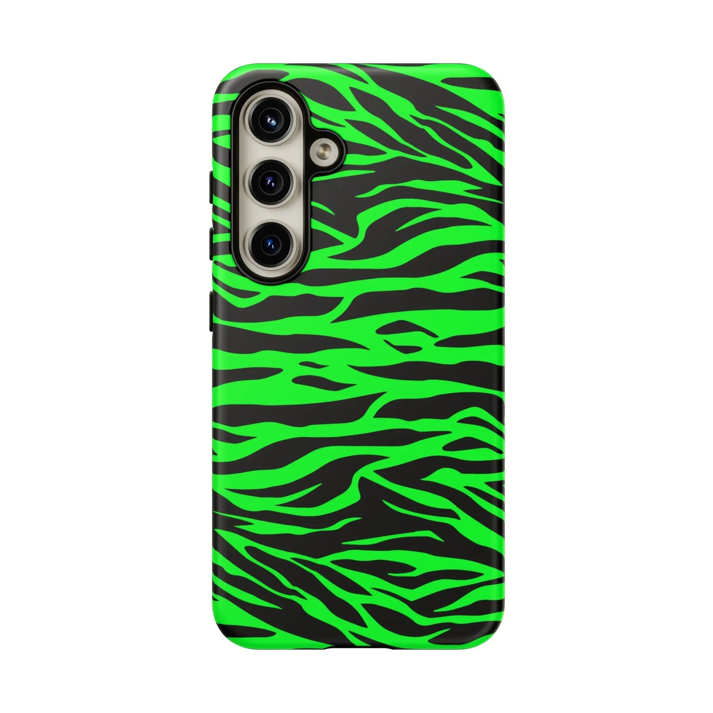 Back of vibrant neon green and black phone case with green wild print tiger pattern for iphone galaxy and pixel phones