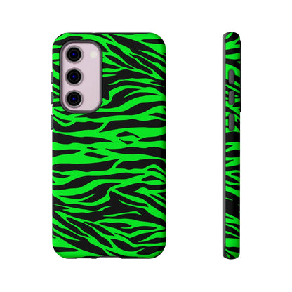 Back side of a vibrant neon green wild print tiger pattern phone case with sleek protective design for iphone galaxy s and pixel phones