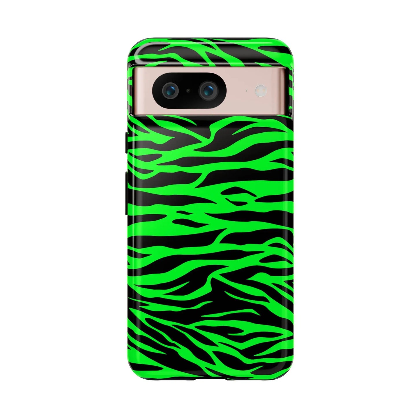 Back side of vibrant neon green and black phone case with green wild print tiger pattern for iphone galaxy and pixel phones