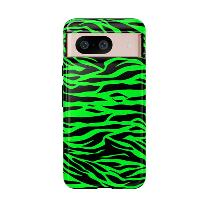 Back side of vibrant neon green and black phone case with green wild print tiger pattern for iphone galaxy and pixel phones