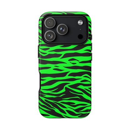 Vibrant neon green and black zebra-striped phone case showing back side with green wild print tiger pattern design for iphone, galaxy, and pixel phones
