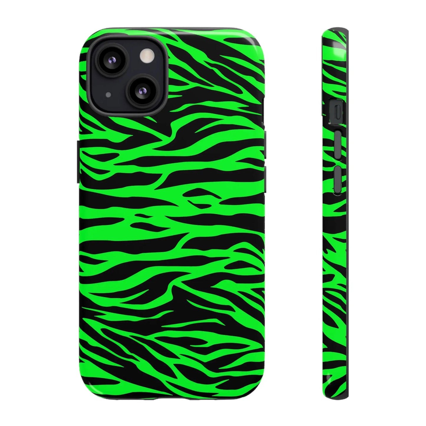 Back side of a vibrant neon green wild print tiger pattern phone case with black zebra stripes for iphone galaxy s and pixel