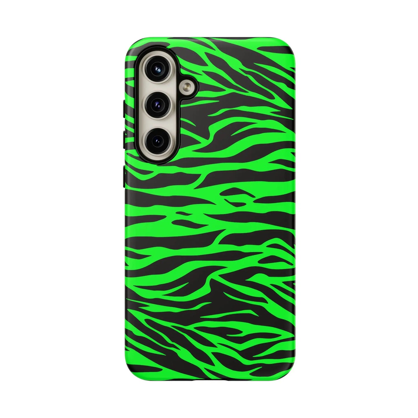 Back side of vibrant neon green and black zebra-striped phone case with green wild print tiger pattern for iPhone Galaxy S Pixel