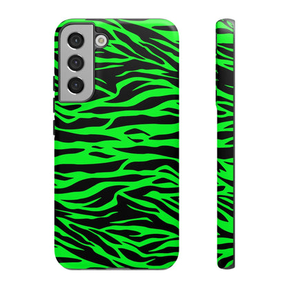 Back side of vibrant neon green and black zebra-striped green wild print tiger pattern phone case for iPhone Galaxy S and Pixel
