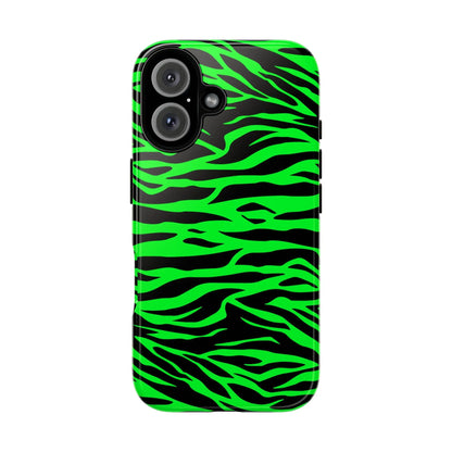 Back side of vibrant neon green and black zebra-striped phone case featuring green wild print tiger pattern design