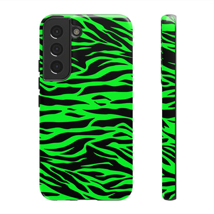 Back side of a vibrant neon green wild print tiger pattern phone case for iphone galaxy s and pixel phones
