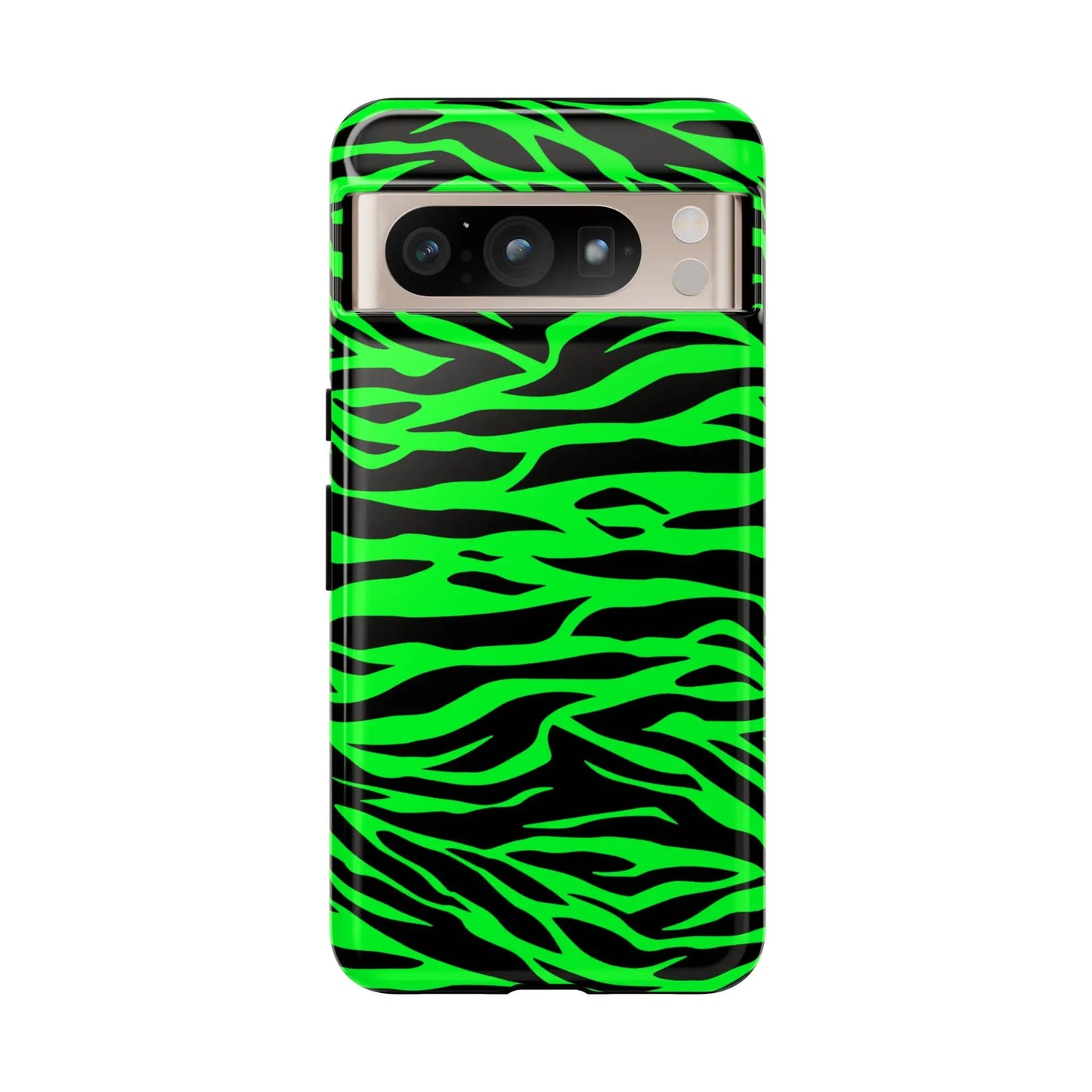 Back side of a vibrant neon green wild print tiger pattern phone case with black zebra stripes for iphone galaxy s and pixel phones